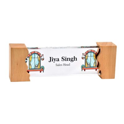 arched windows desk name plate with wooden stand housenama 1 - Custom Desk Name Plates Shop
