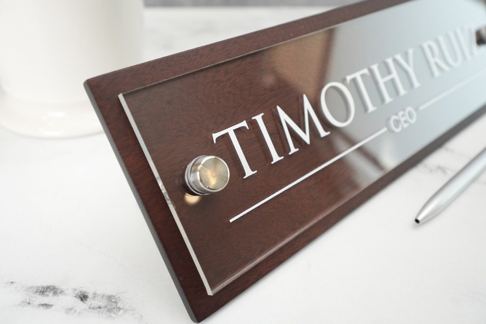 UV Printed Wood Acrylic Name Plate - Personalized Office Executive CEO ...