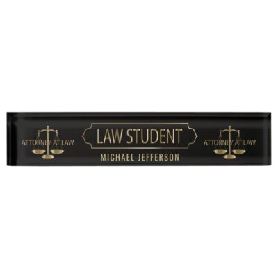 law student black and gold scales desk name plate r4272c567d87b49e2bc3a9ebee79bd25b incka 8byvr 1000 - Custom Desk Name Plates Shop